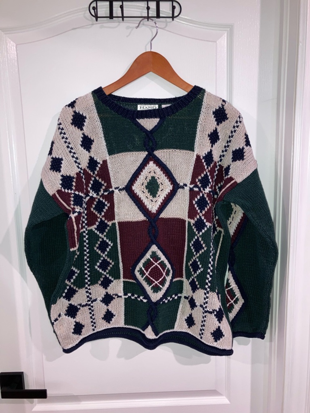 Vintage Green & Burgundy Geometric Hand Knit Sweater Paul Harris Design - size M